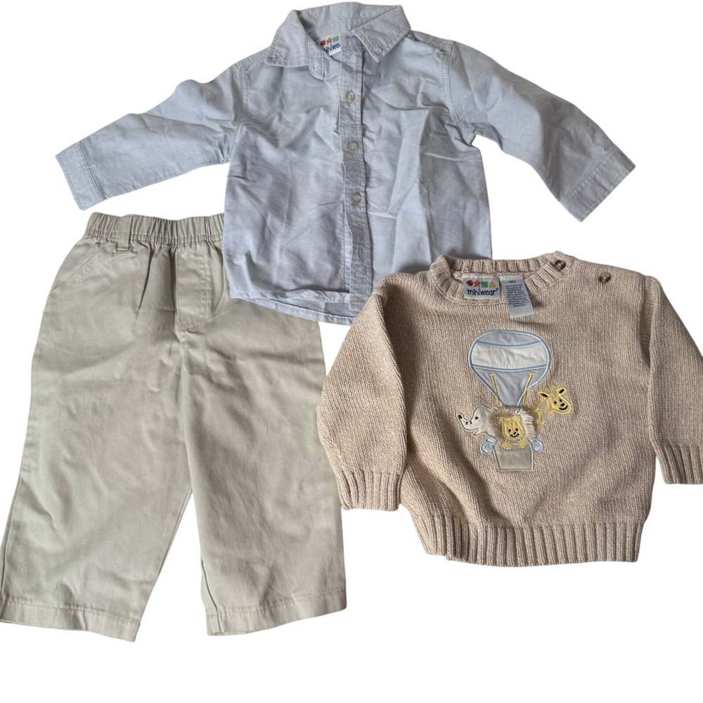 Miniwear Baby 18M Outfit Set Sweater Shirt Pants Tan Blue Infant Boy